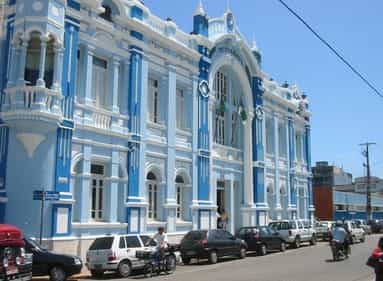 part of a blue building in Natal, Brazil